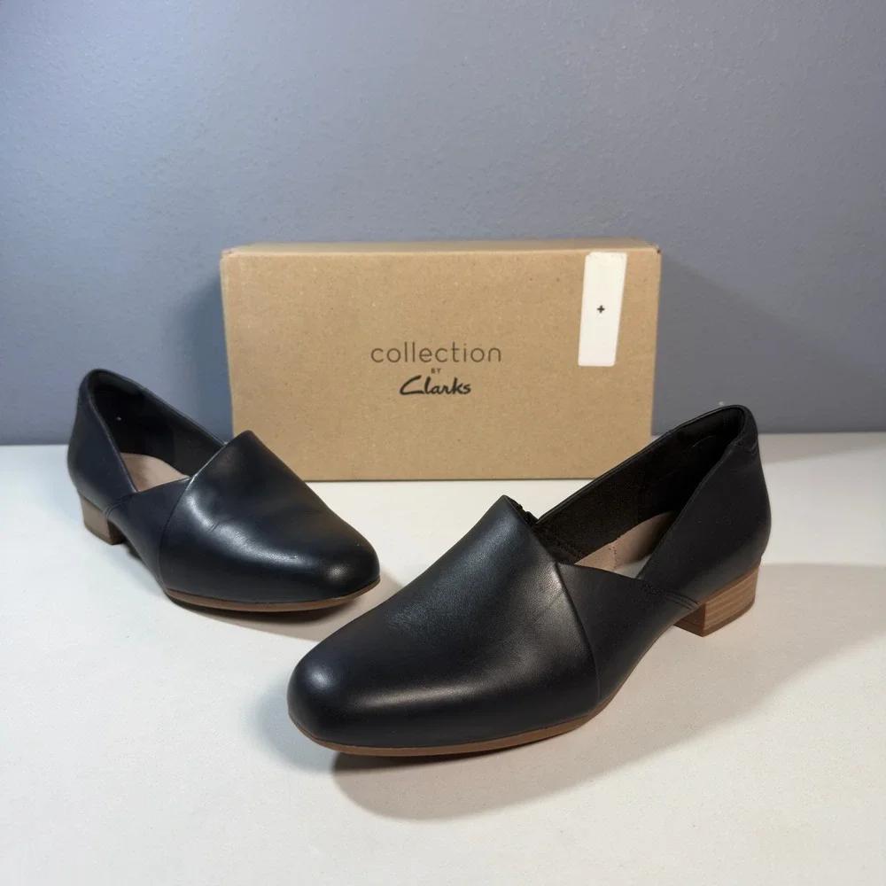 Clarks Collection Loafers Womens 6.5 Black Excellent Leather Slip On Block Heel